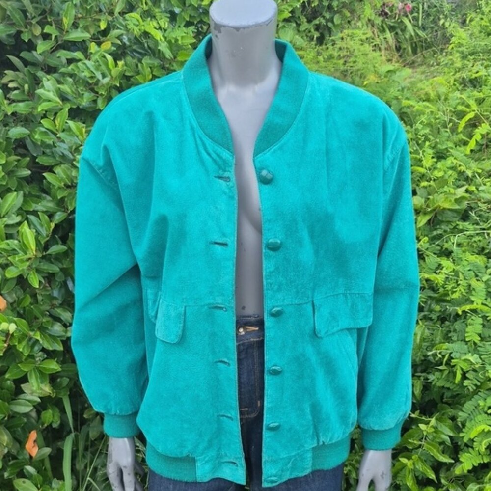 PELLE (KOREA)  Ladies Vintage Teal Genuine Suede Leather Collarless Jacket